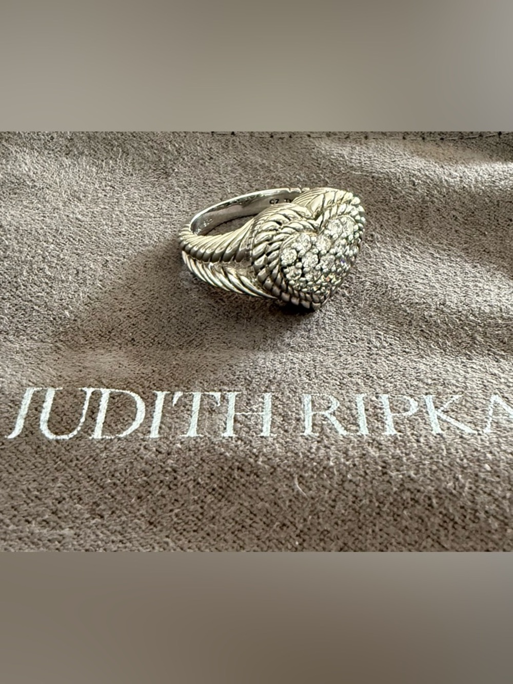 Judith Ripka Sterling Silver + Clear Crystal Braided Band Heart Ring Size 9